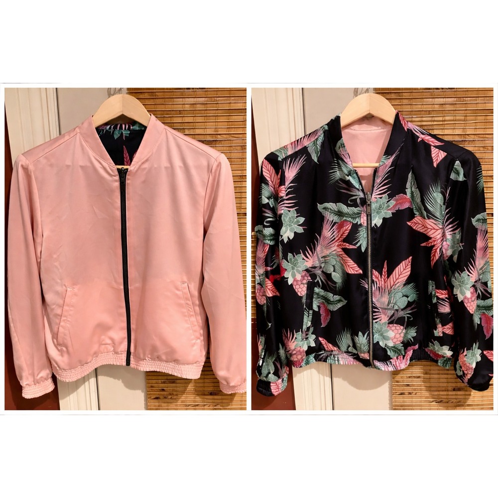 GAP Reversible Bomber Jacket Pink Solid‎ Tropical Pineapple Print Womens M